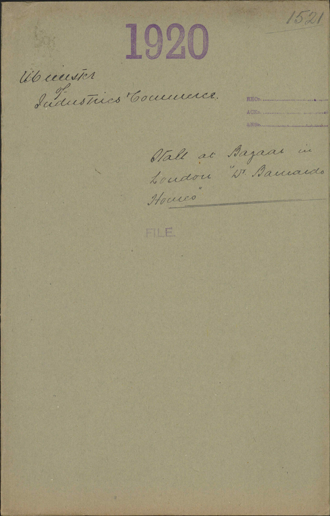 Stall at Bazaar in London, Dr Barnando's Homes - Minister of Industries &amp; Commerce