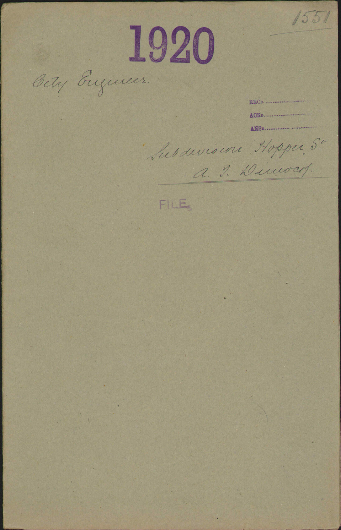 Subdivision, Hopper Street, A T Dimock - City Engineer