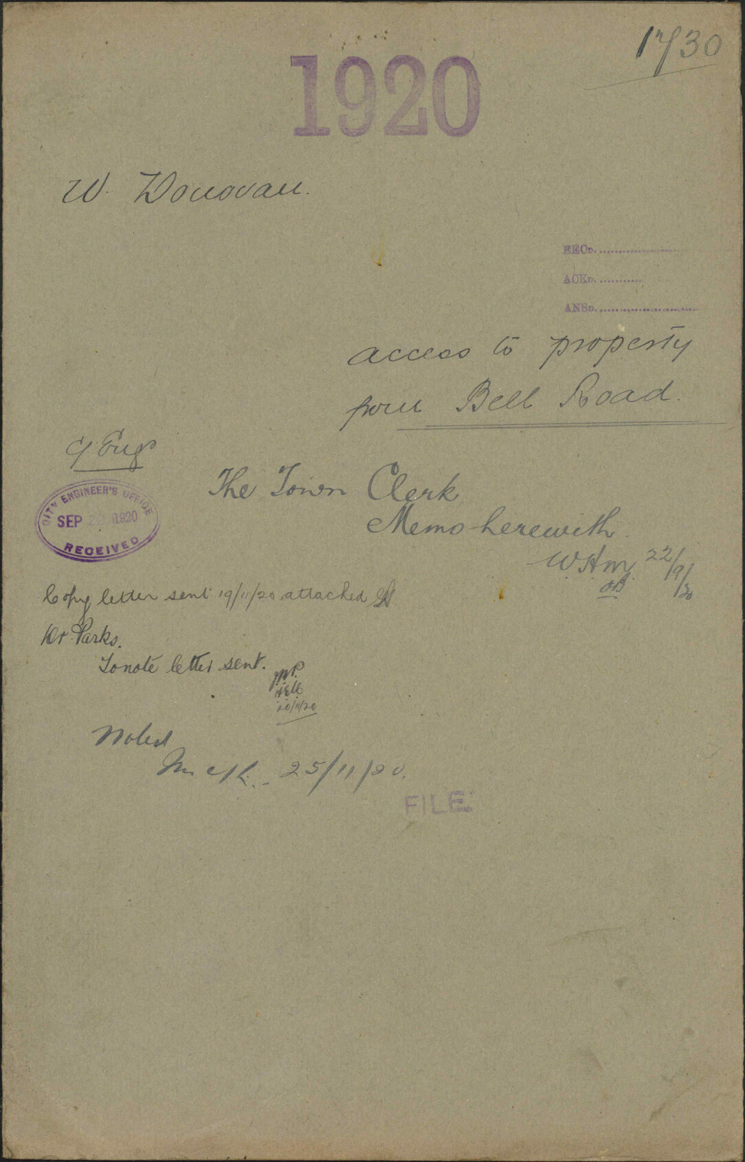 Access to property from Bell Road - W Donovan