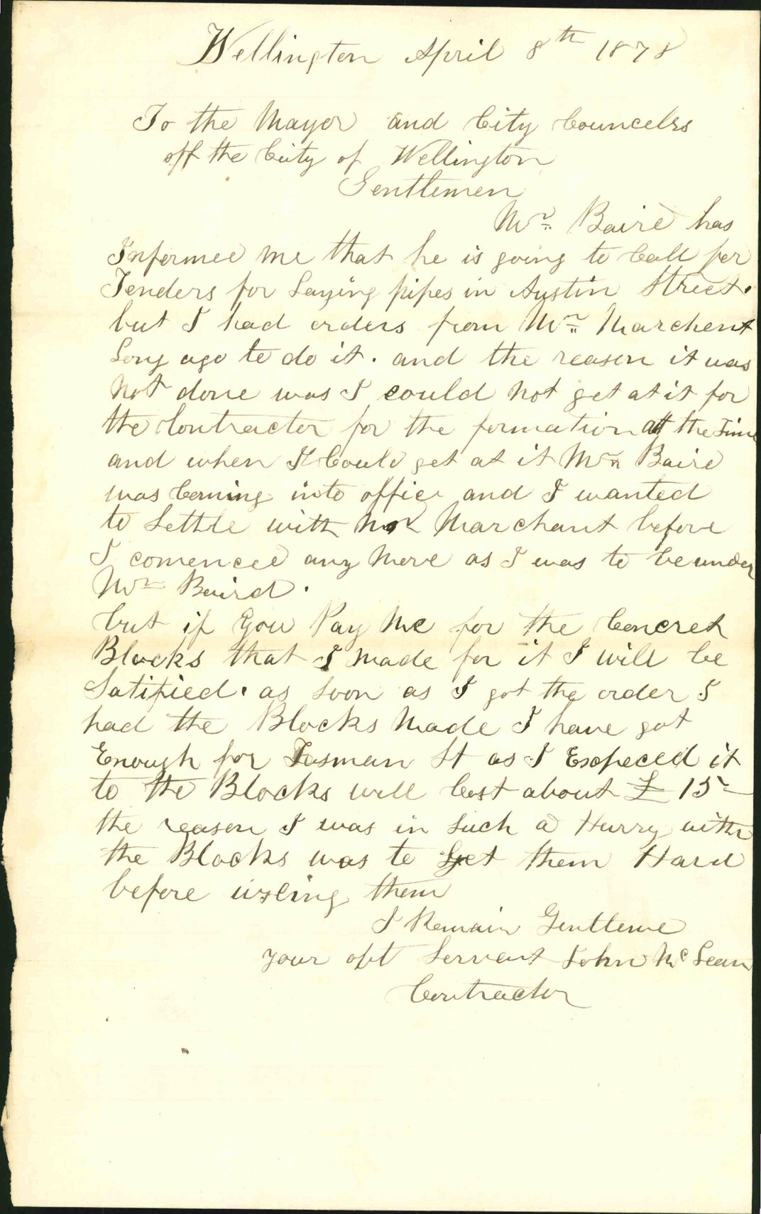 Re tenders re laying pipes in Austin Street - John McLean, Contractor