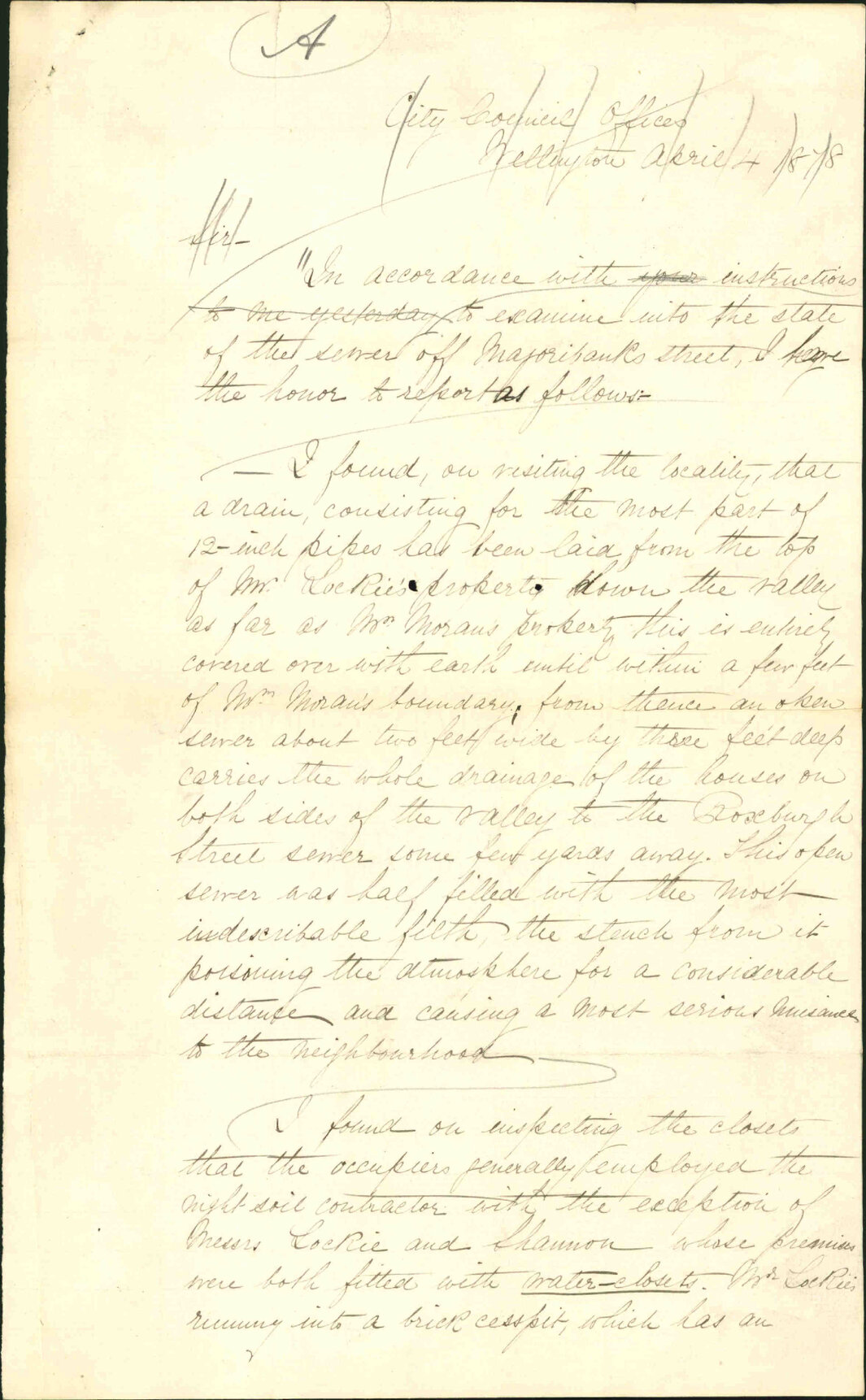 Re report on inspection of state of sewer in Majoribanks Street - Inspector of Nuisances