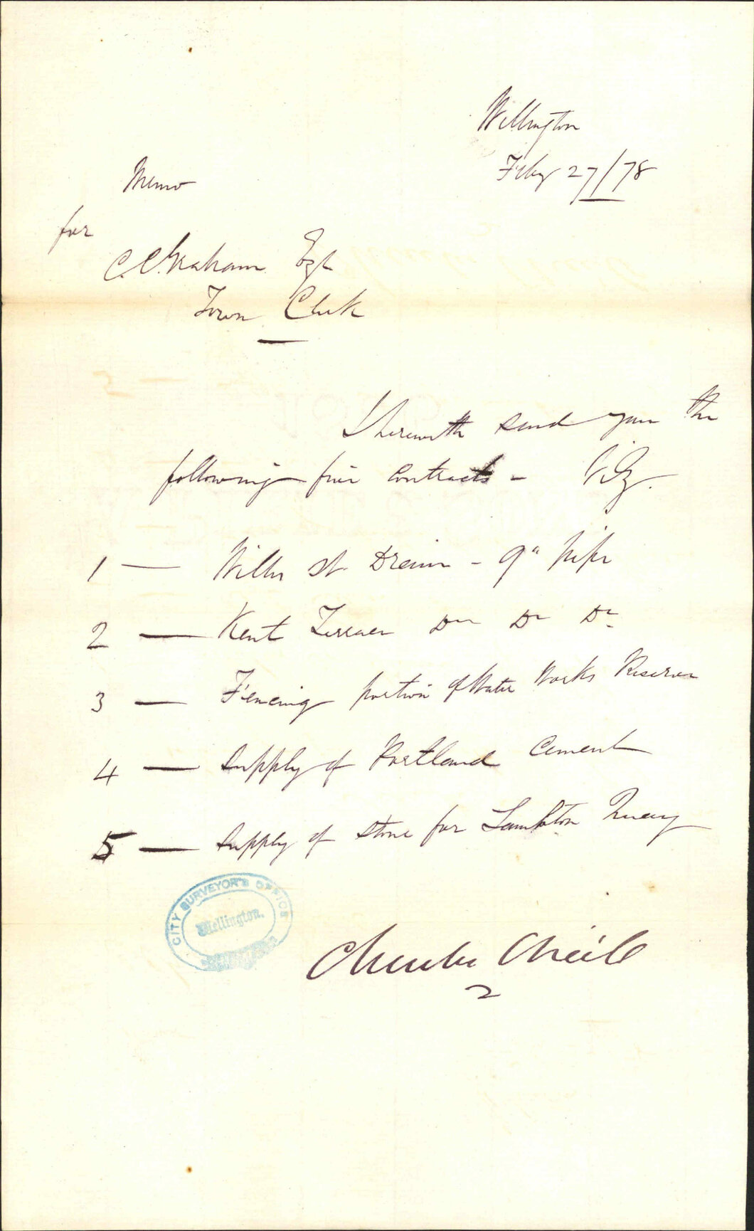 Re list of materials sent re contract - City Engineer