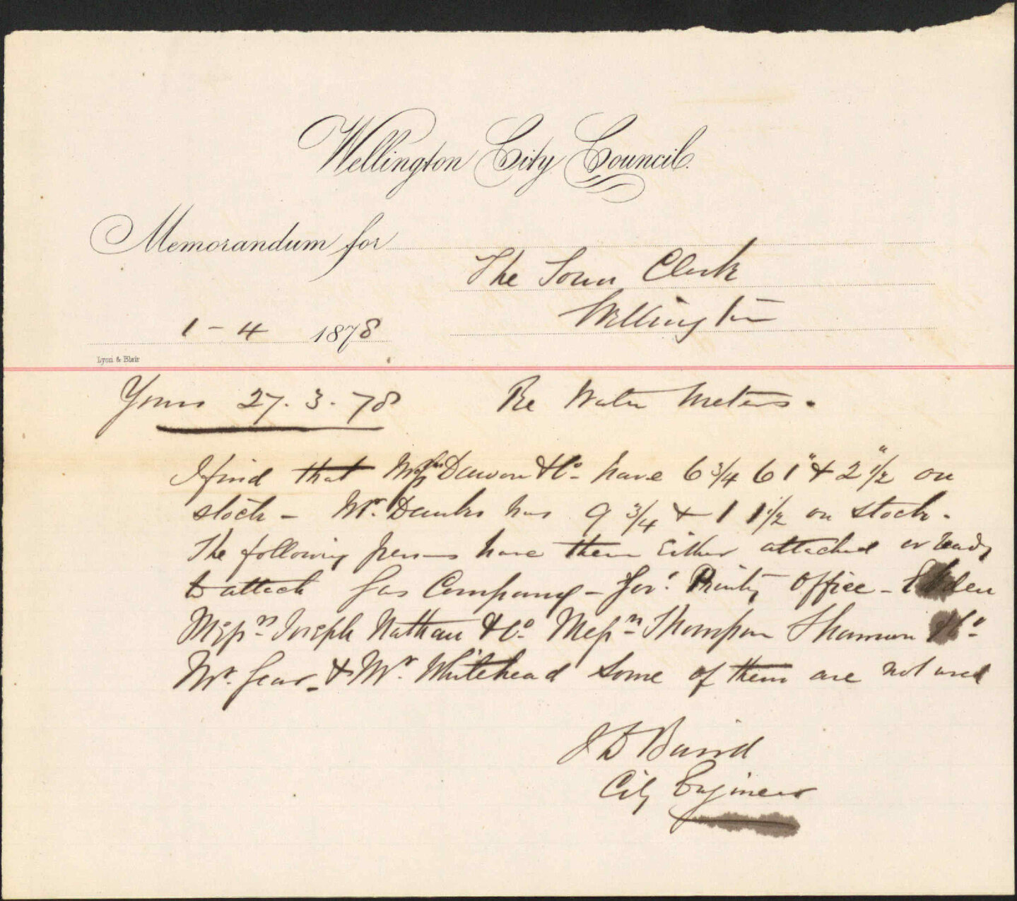 Re memo to Town Clerk re water meters - J Baird, City Engineer