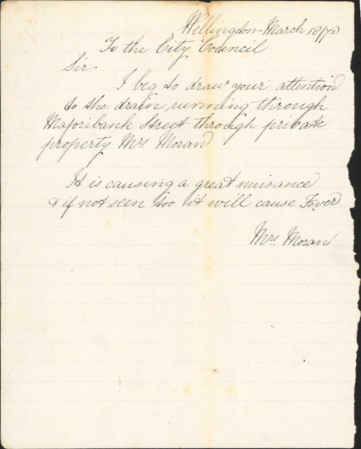 Re complaint re drain running through Majoribanks Street - Mrs Moran