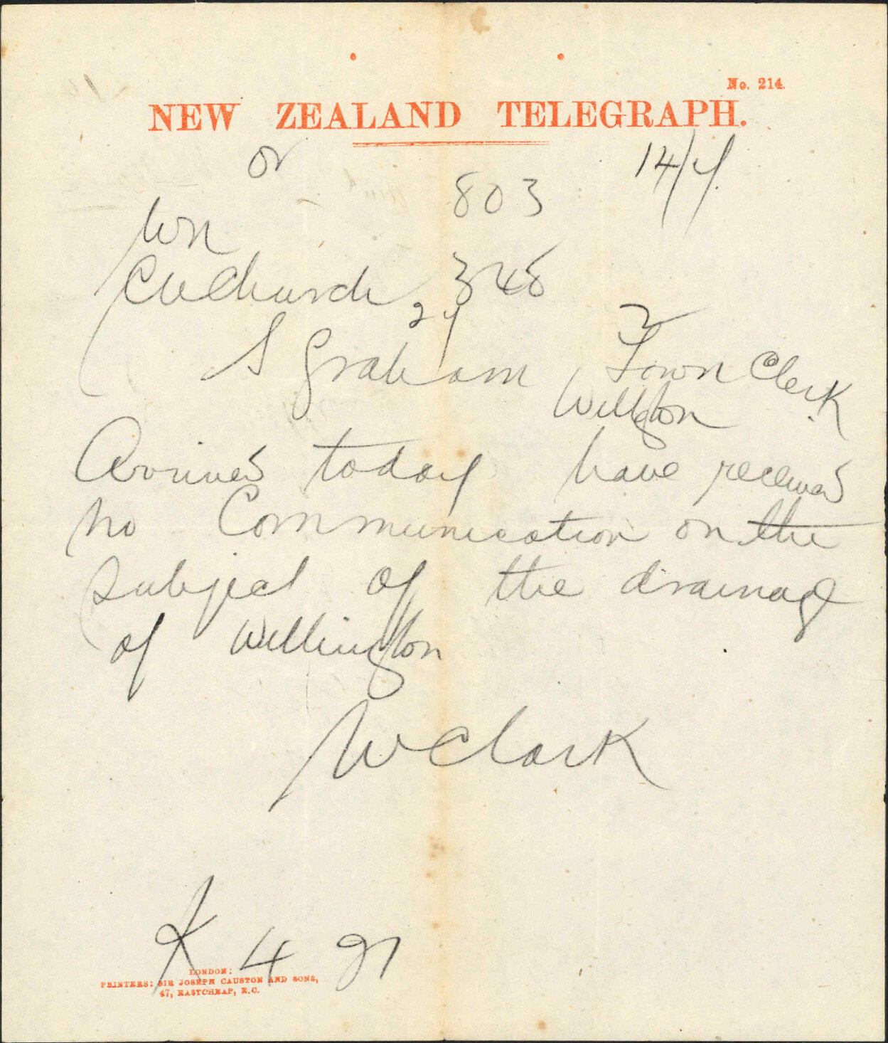 Re drainage of Wellington - W Clark