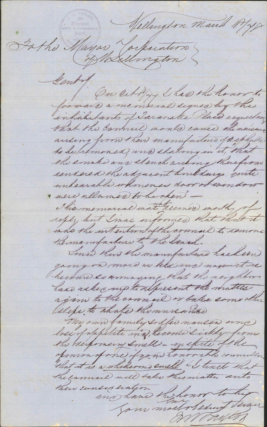 Re asphalting Taranaki Street - J M Taylor