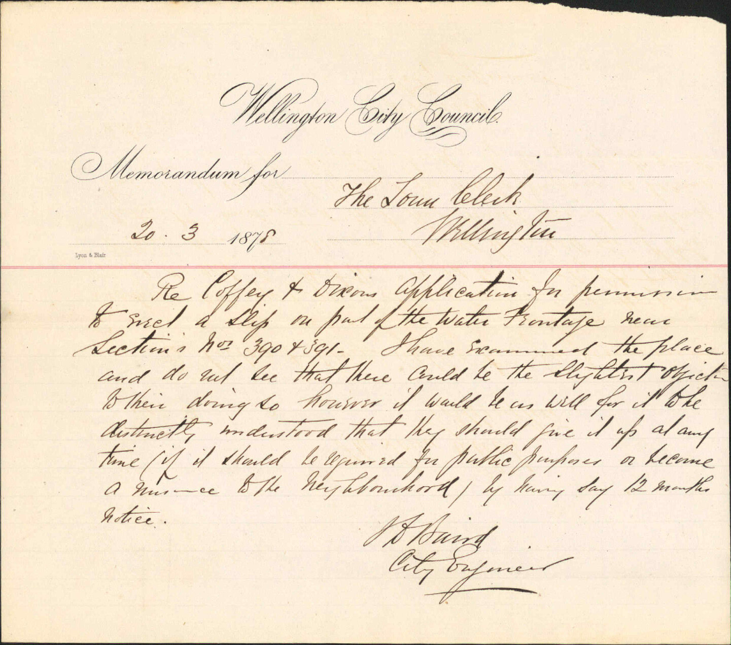 Re memo to Town Clerk re Coffey and Dixons application to erect a slip on water frontage - City Engineer