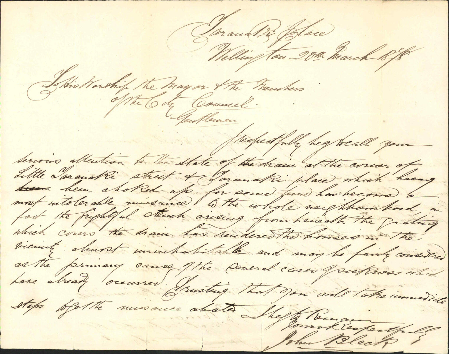 Re complaining re state of drain corner Little Taranaki Street and Taranaki Place - John Black