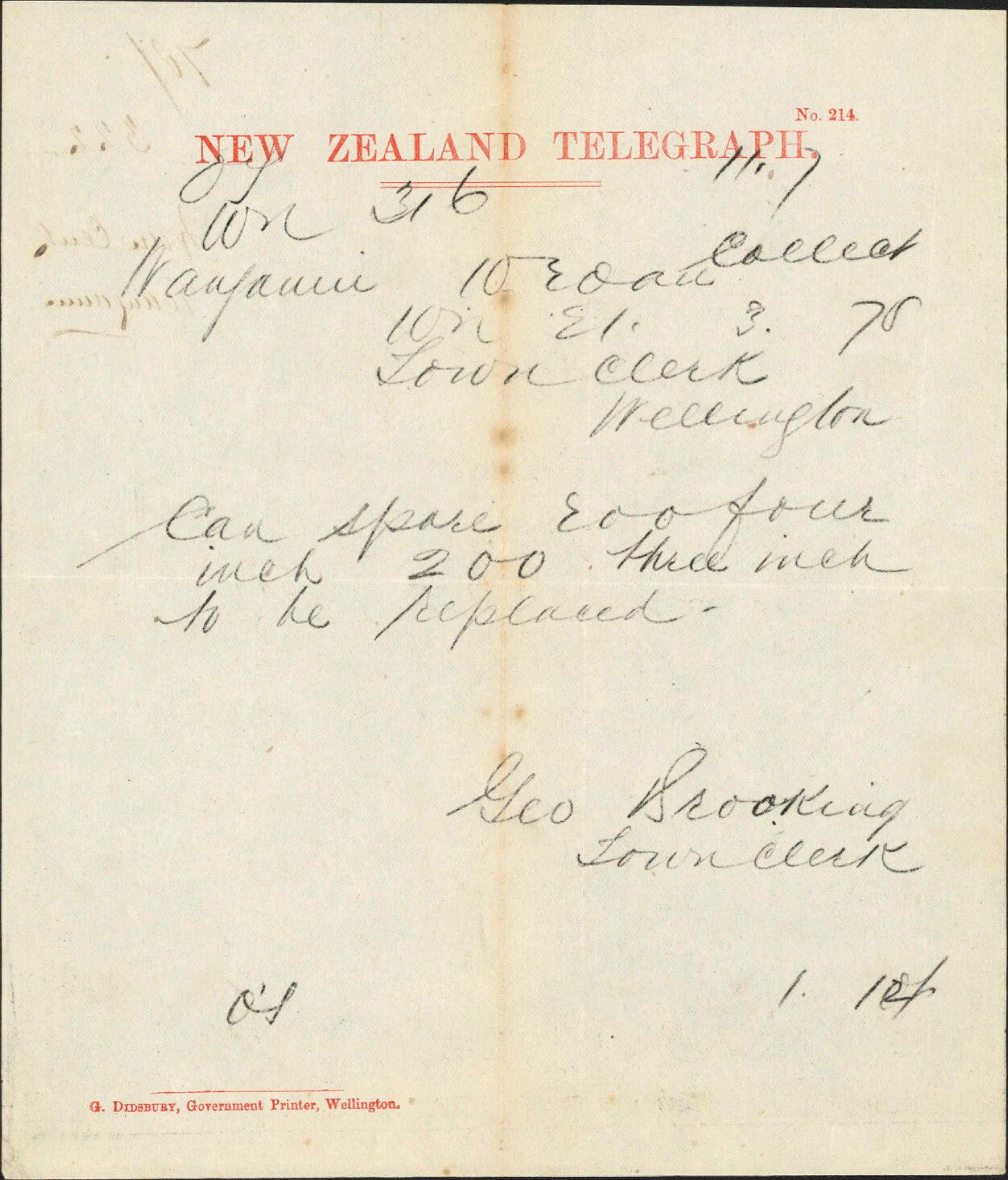 Re water pipes - Town Clerk, Wanganui