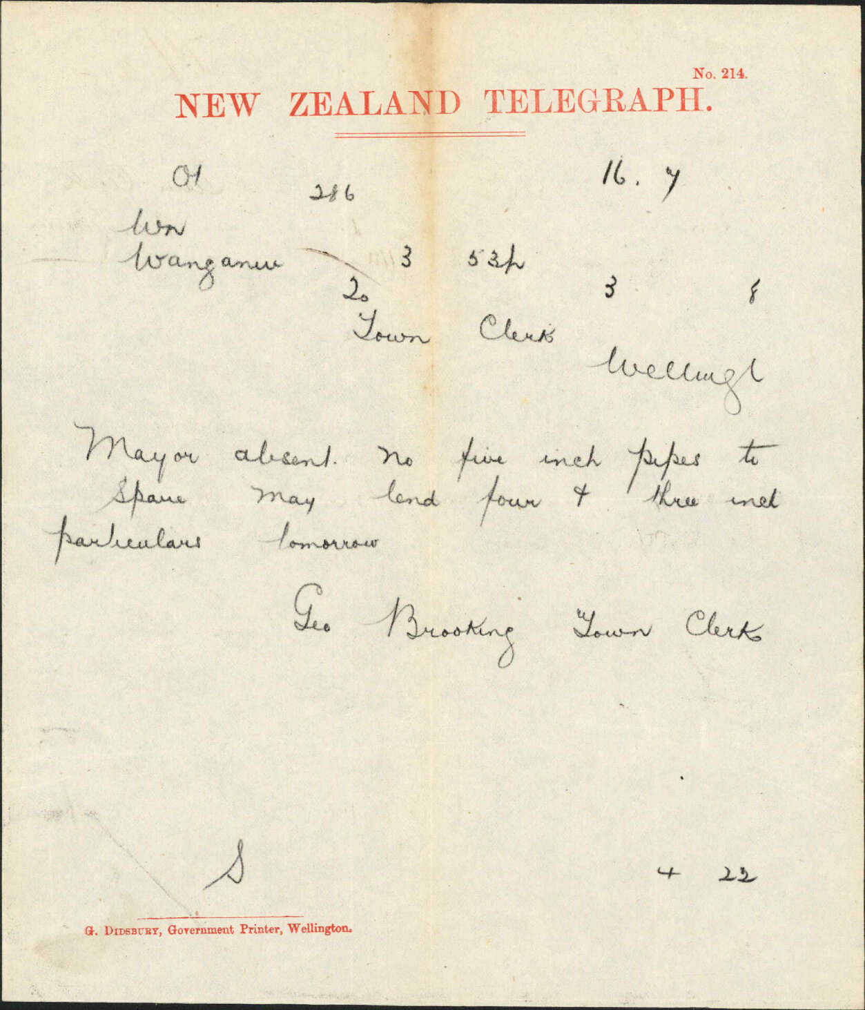 Re water pipes - Town Clerk, Wanganui