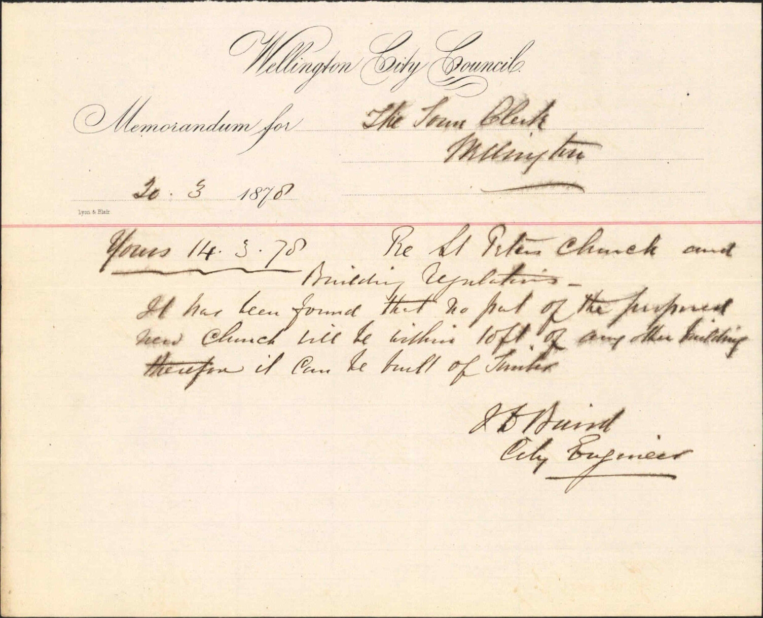 Re memo to Town Clerk re St Peters Church and building regulations -J Baird, City Engineer