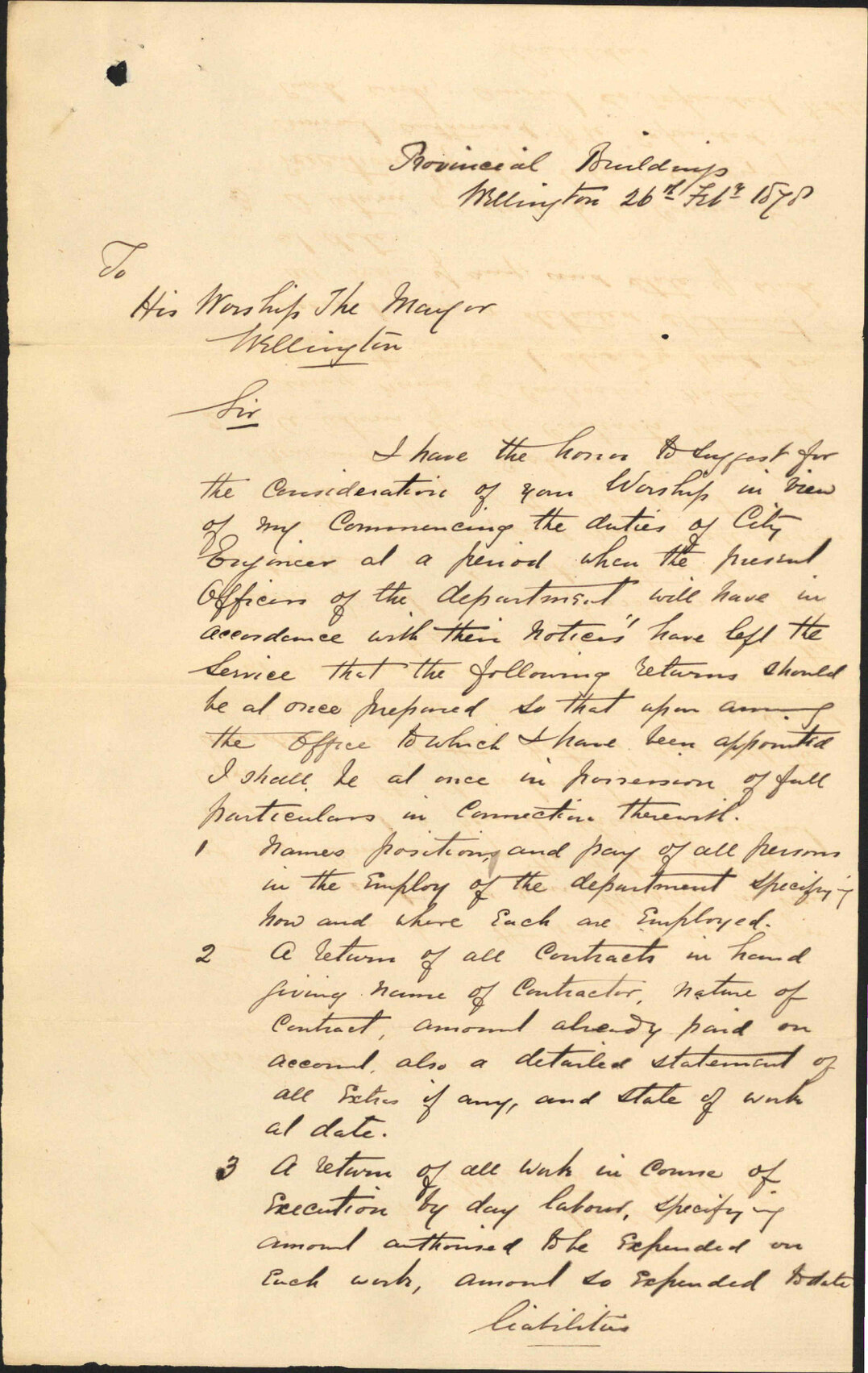 Re City Engineers office, returns to be prepared re staff, materials etc - J W Baird, Provincial Building