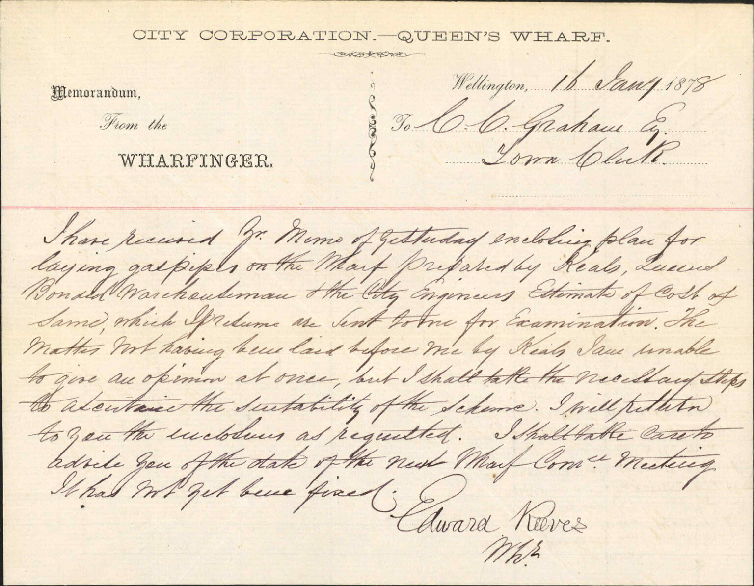 Re laying gas pipes at wharf - Edward Reeves