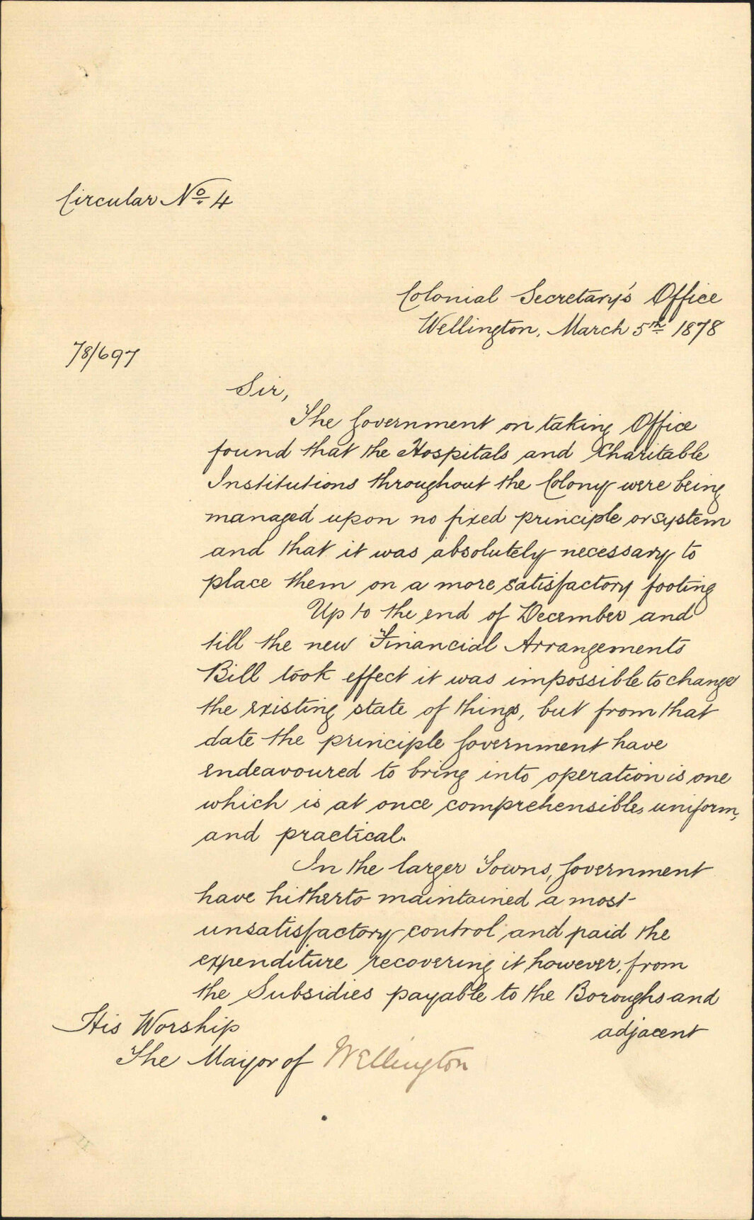 Re changes to Hospitals and Charitable Aid regulations, Circular No 4 - J Ballance, Colonial Secretary's Office