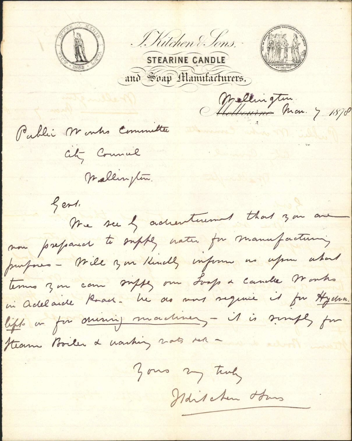 Re supplying soap and candle works in Adelaide Road with water - F Kitchen and Sons