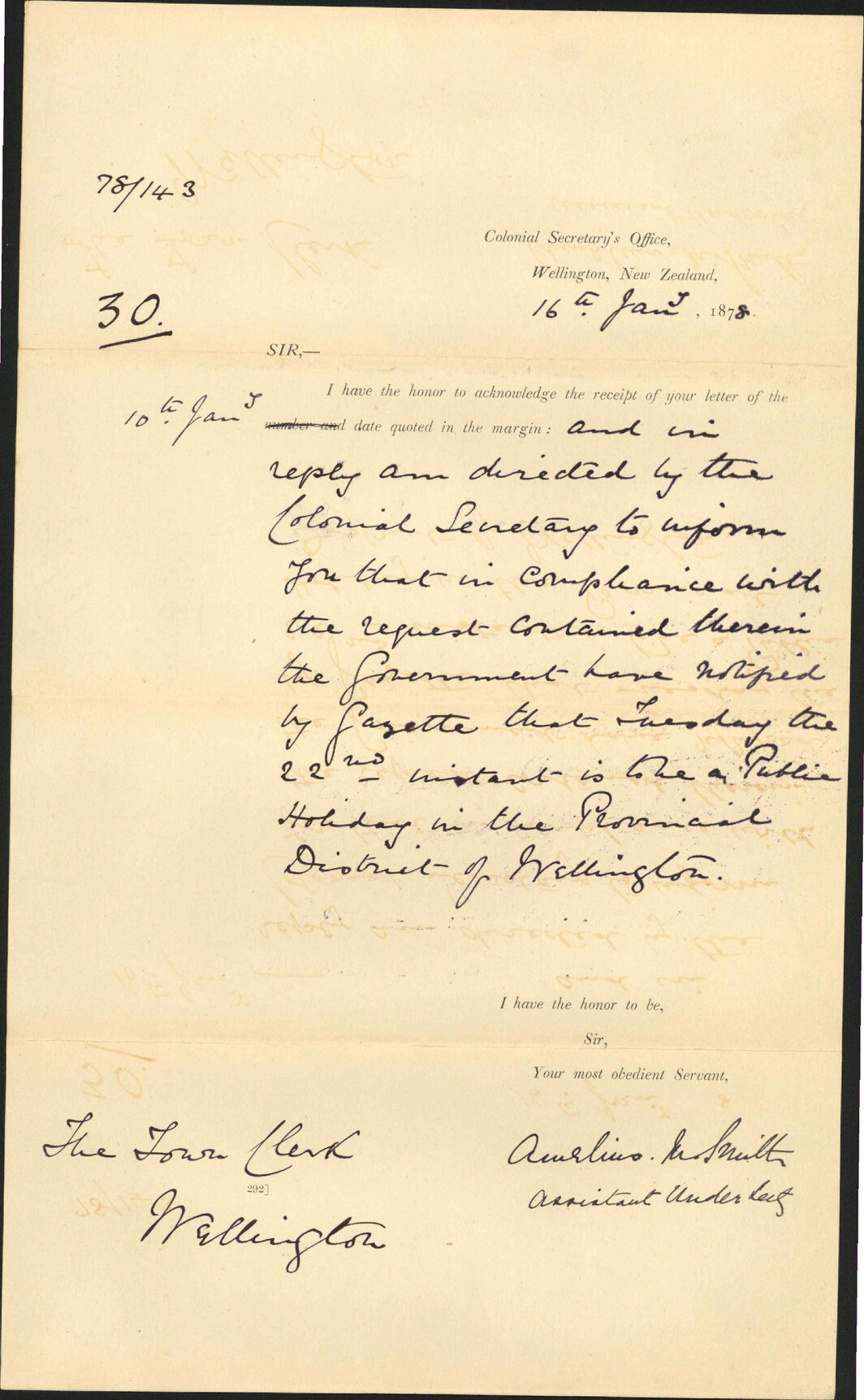 Re Wellington provincial holiday - Colonial Secretary