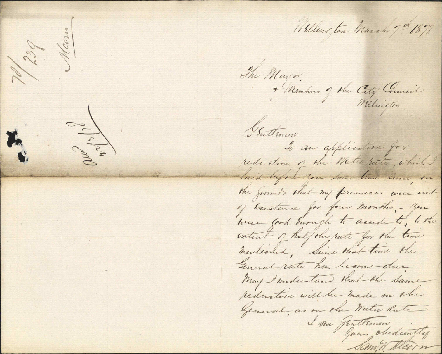 Re application for reduction in water rate - Samuel Alcorn