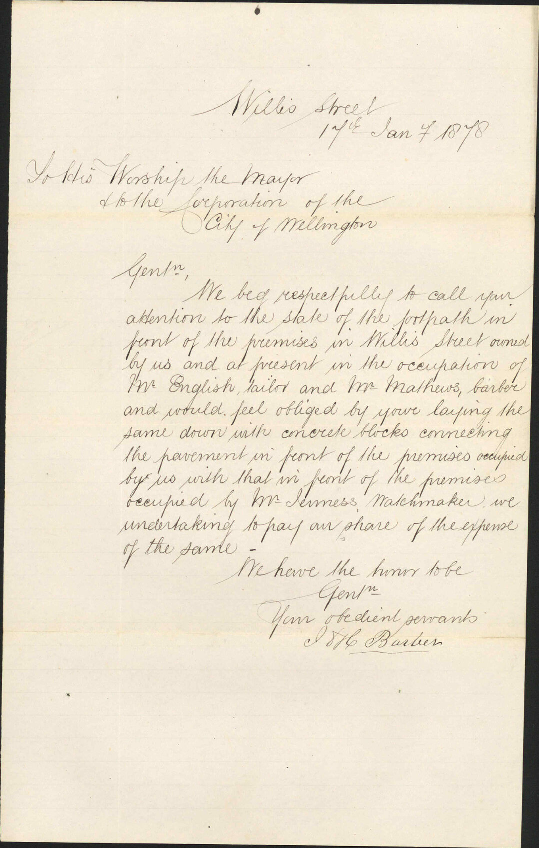 Re state of footpath in front of Willis Street premises - S H Barber