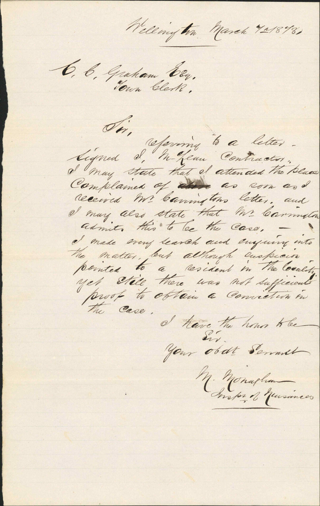 Re reporting re investigating complaint by Mr Carrington -Mr Monaghan, Inspector of Nuisances