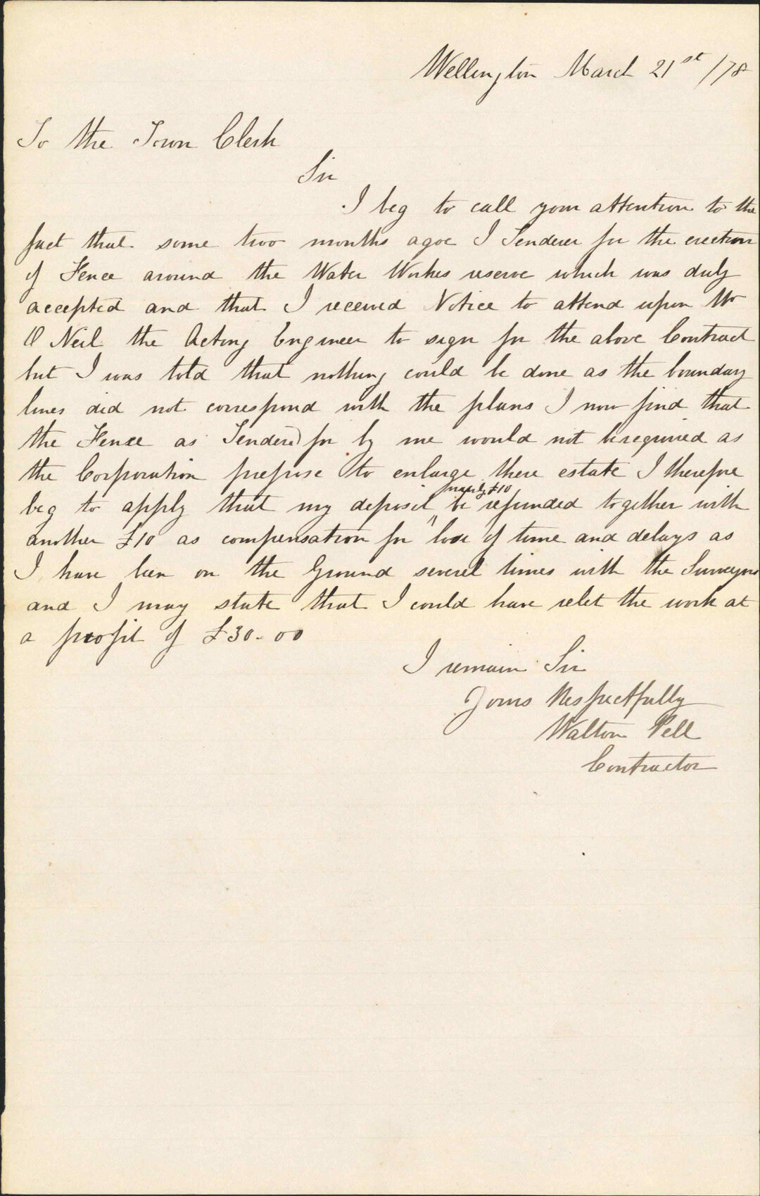 Re fencing waterworks reserve - Walter Pell, Contractor