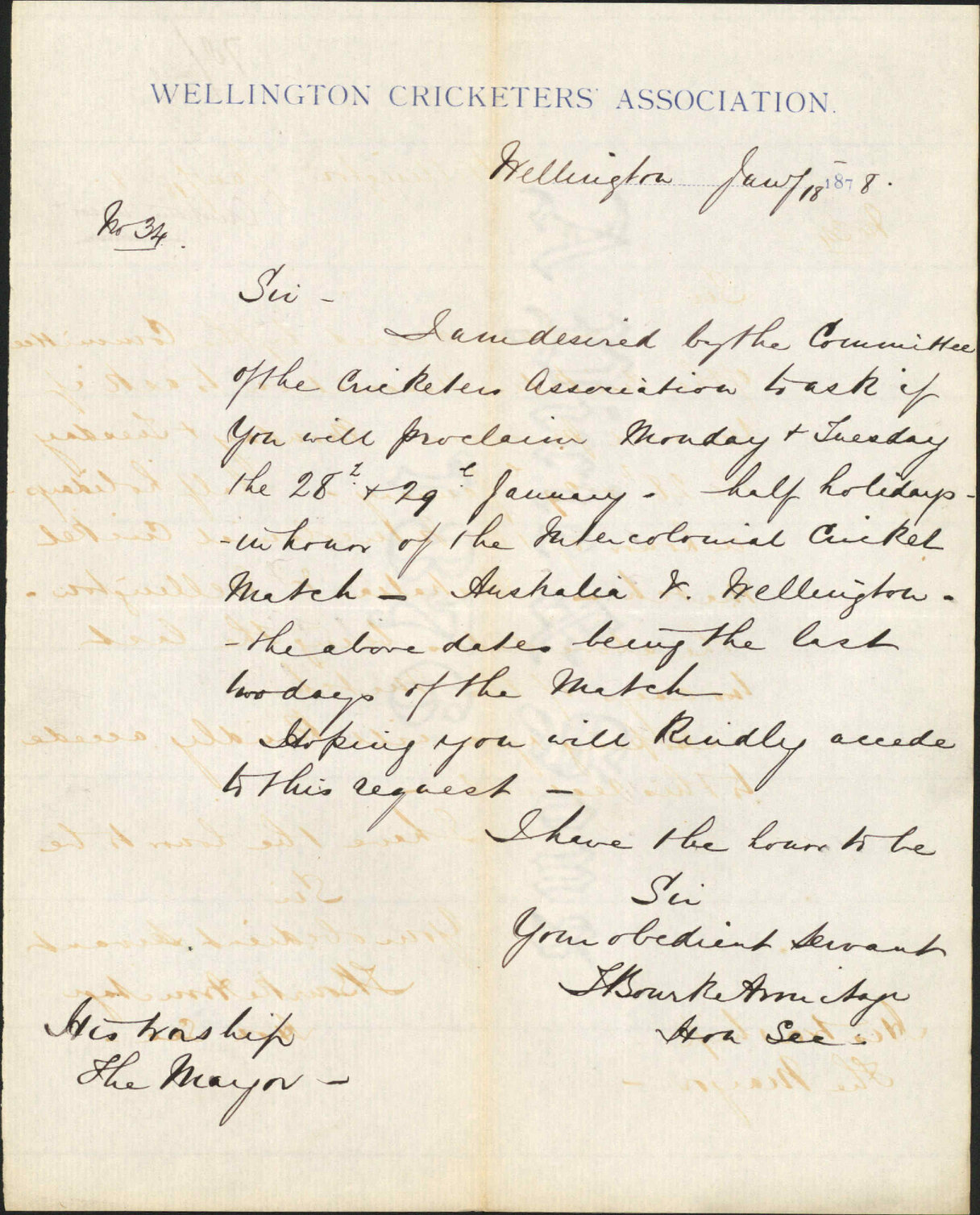 Re holidays for inter-colonial cricket match - Cricketers Association