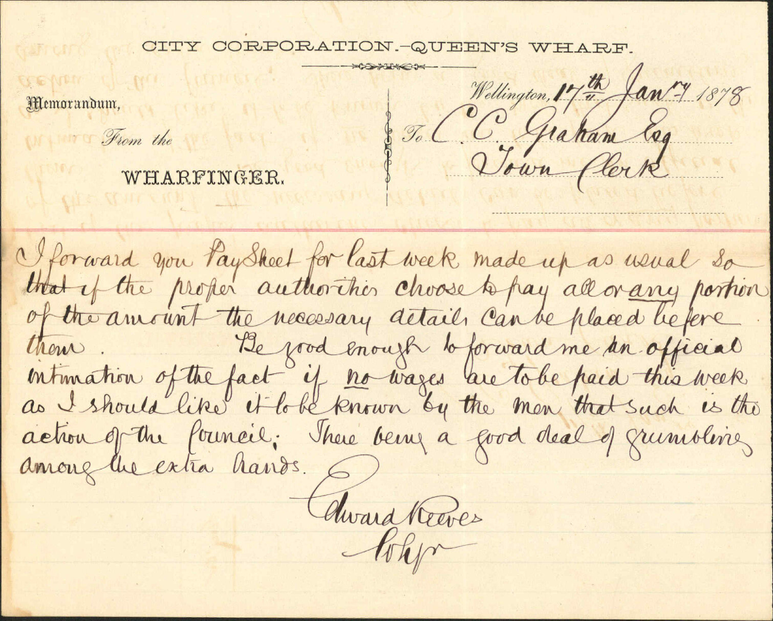 Memo from Edward Reeves, Wharfinger regarding weekly pay sheet