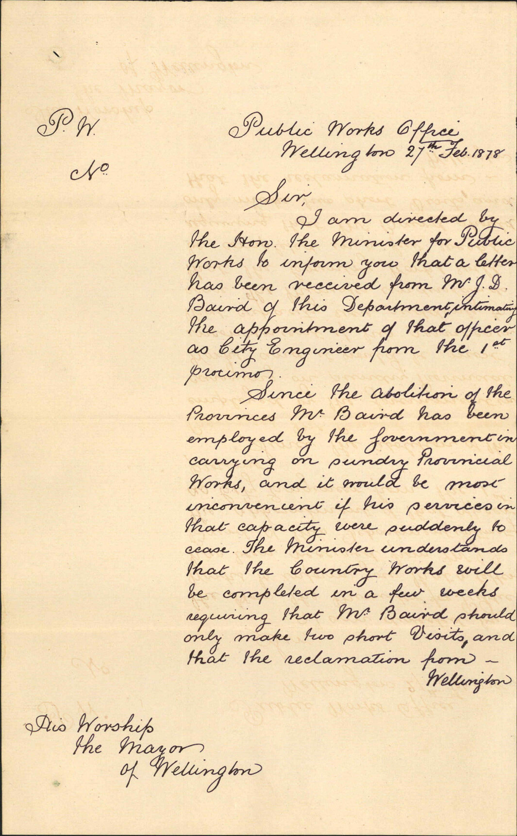 Re appointment of City Engineer (Mr Baird) postponing appointment - Undersecretary of Public Works Department