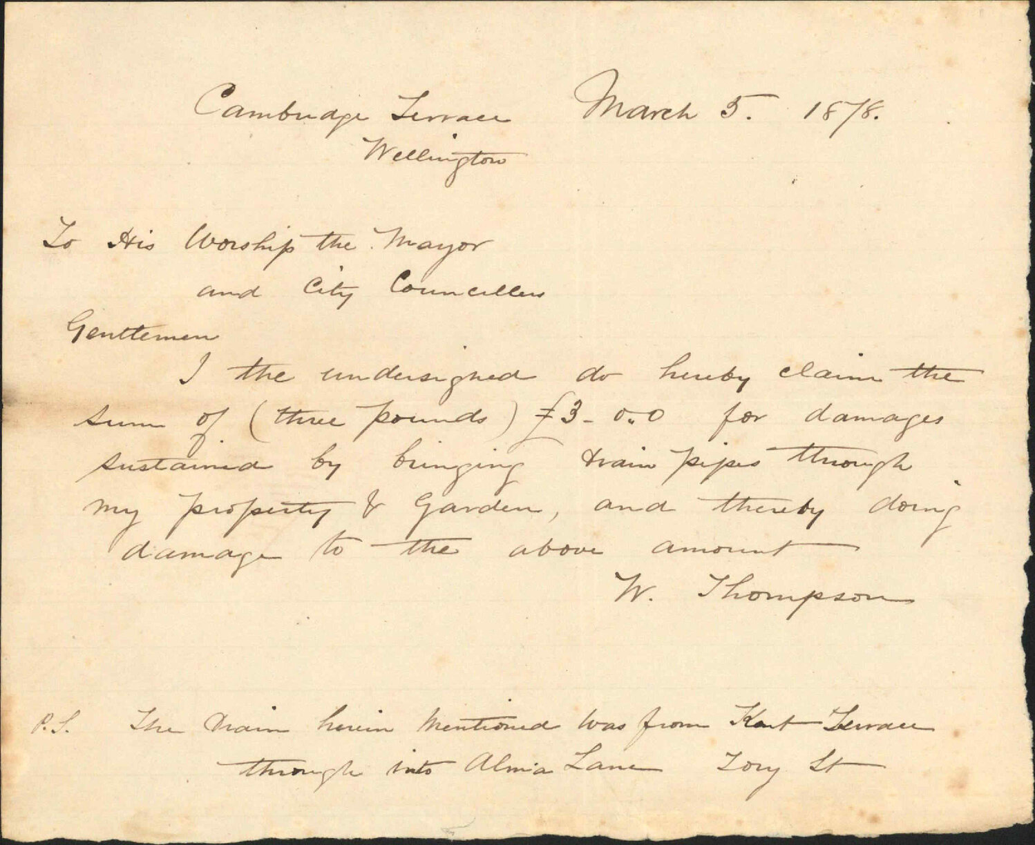 Re claim for damage to property, Cambridge Terrace, re laying drainage pipes - W Thompson