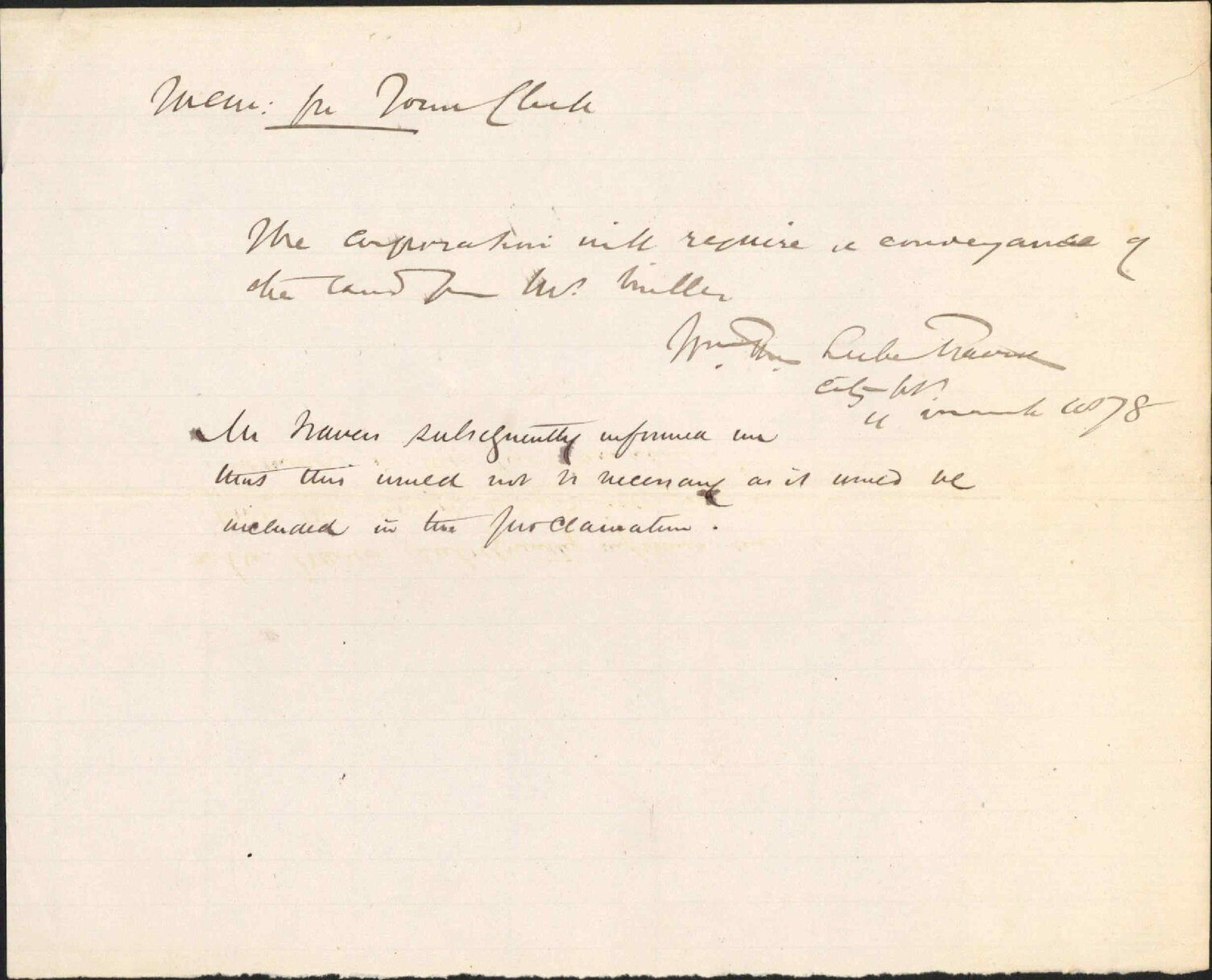 Re memo re Mr Millar's land, conveyance to Corporation - City Solicitor