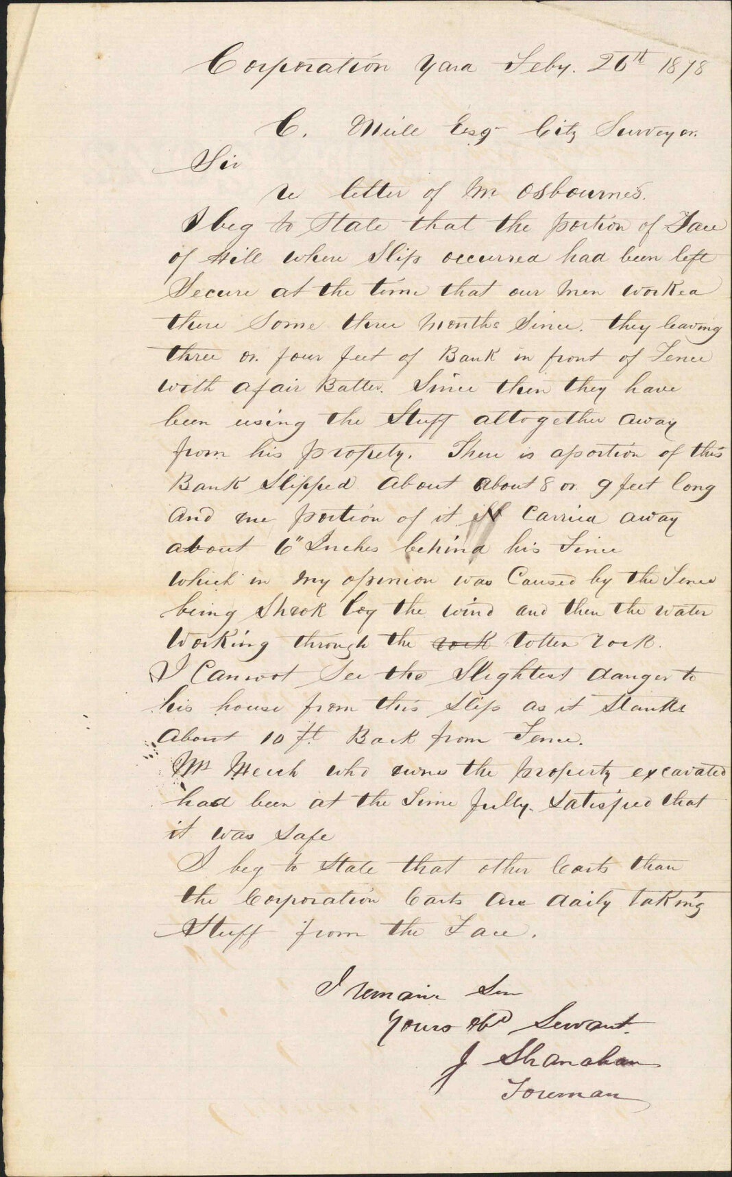 Re Mr Osborne's letter re bank slipping - J Shanahan (City Engineer)