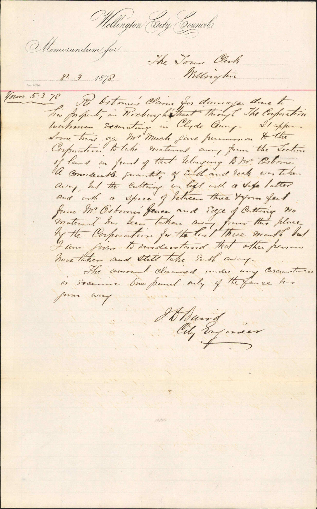 Re memo to Town Clerk re Osborne's claim for damages done to his property in Roxburgh Street -J Baird, City Engineer