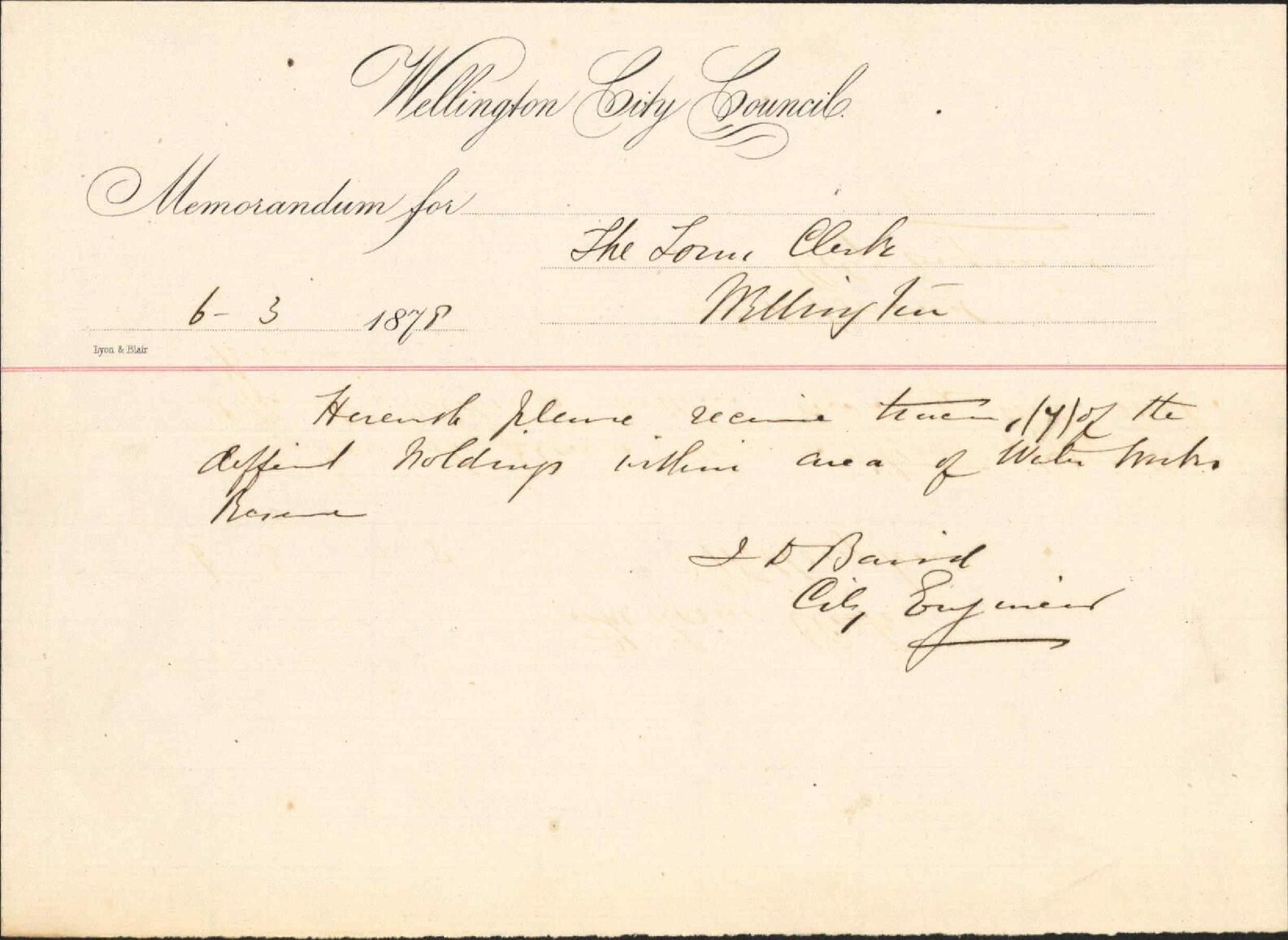 Re memo to Town Clerk re waterworks reserve - J Baird, City Engineer