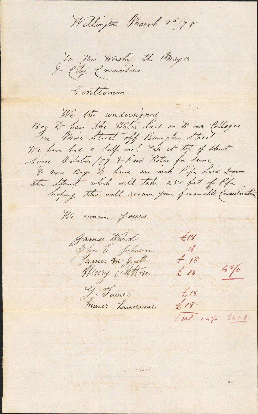 Re laying water on to their properties-Residents of Moir Street