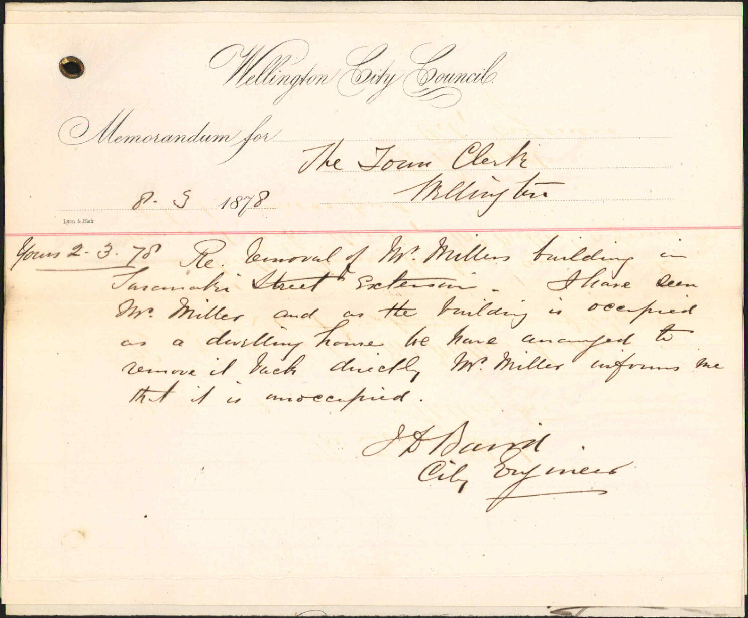 Memos to Town Clerk re removal of Mr Miller's building, Taranaki Street extension; steps and handrail, Douglas Wallace Street; Taranaki Street drain; bridge Duppa Street; drain Molesworth Street -J Baird, City Engineer