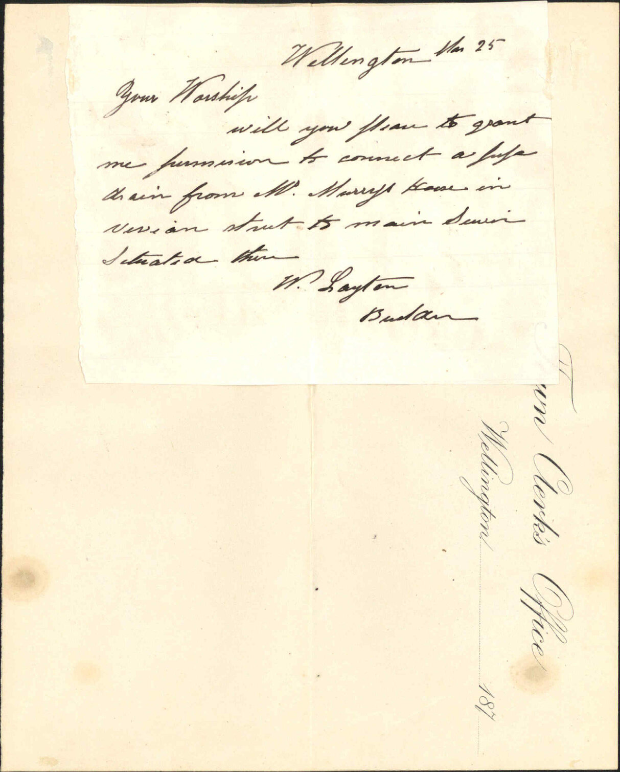 Re asking permission to connect pipe drain from Vivian Street drain to Mr Murray's house - W Layton