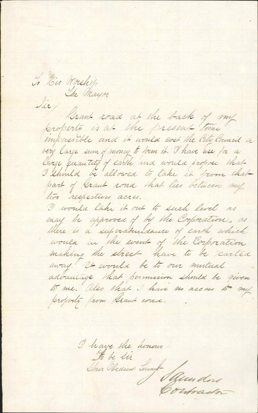 Re taking earth from Grant Road - J Saunders, Contractor