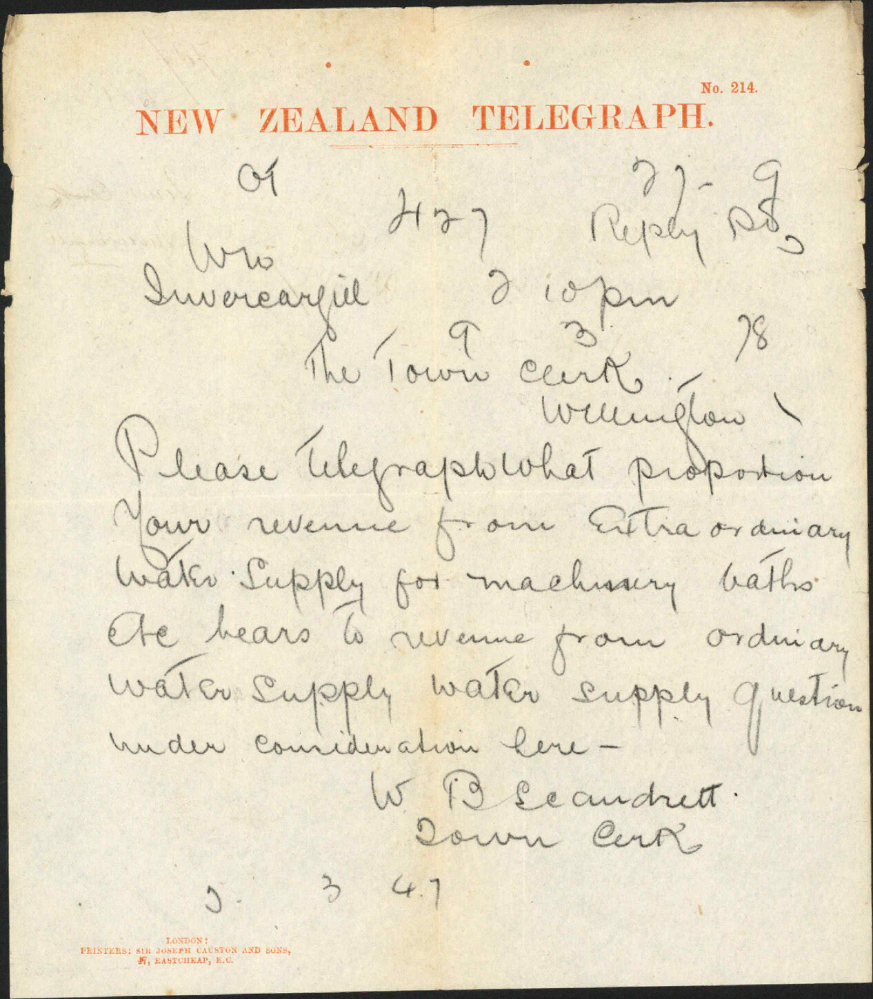 Re revenue from water supply - Town Clerk, Invercargill