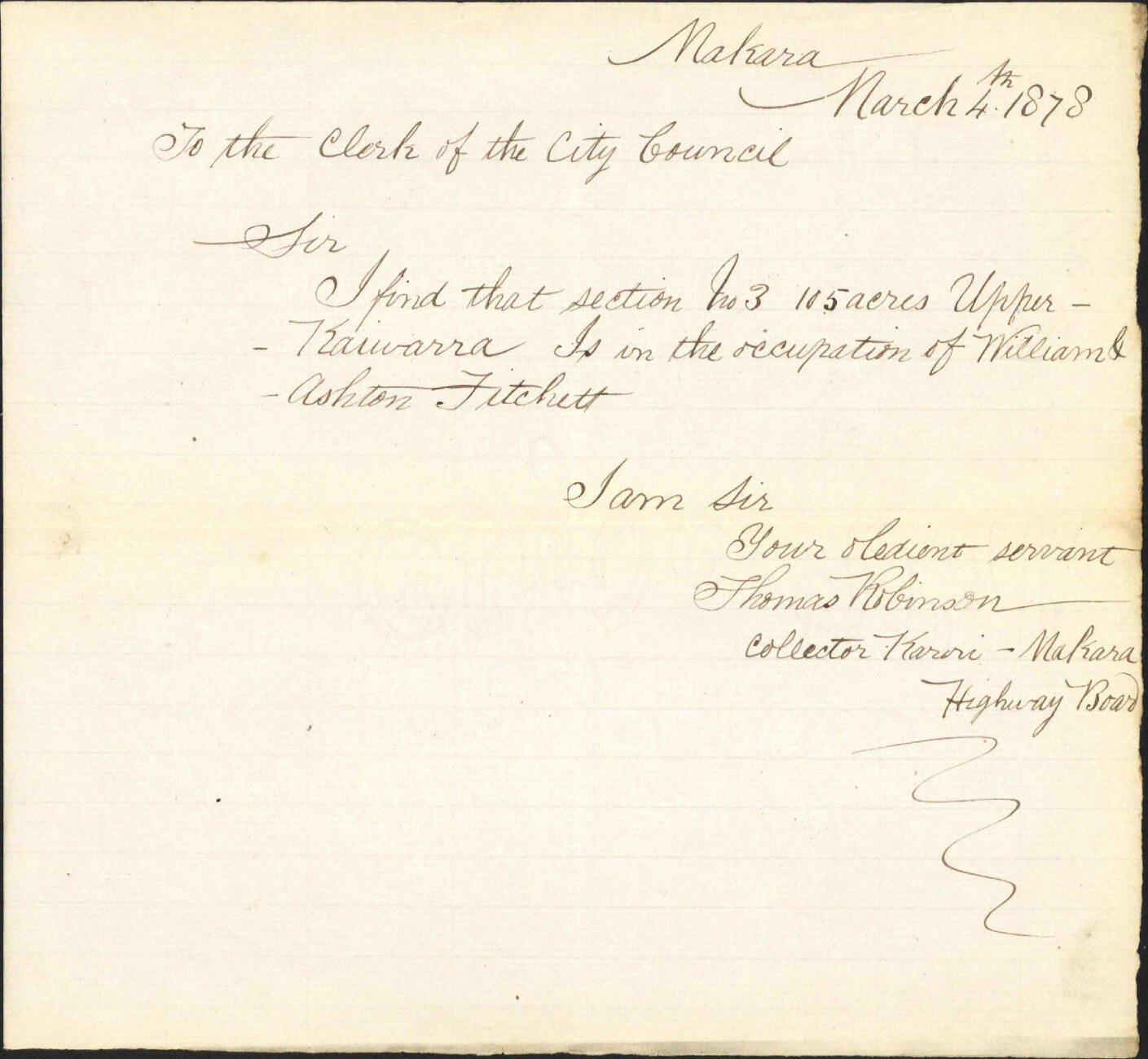 Re William Ashton Fitchett occupying section no 3, 105 acres, Upper Kaiwarra - Thomas Robinson, Karori Makara Highway Board