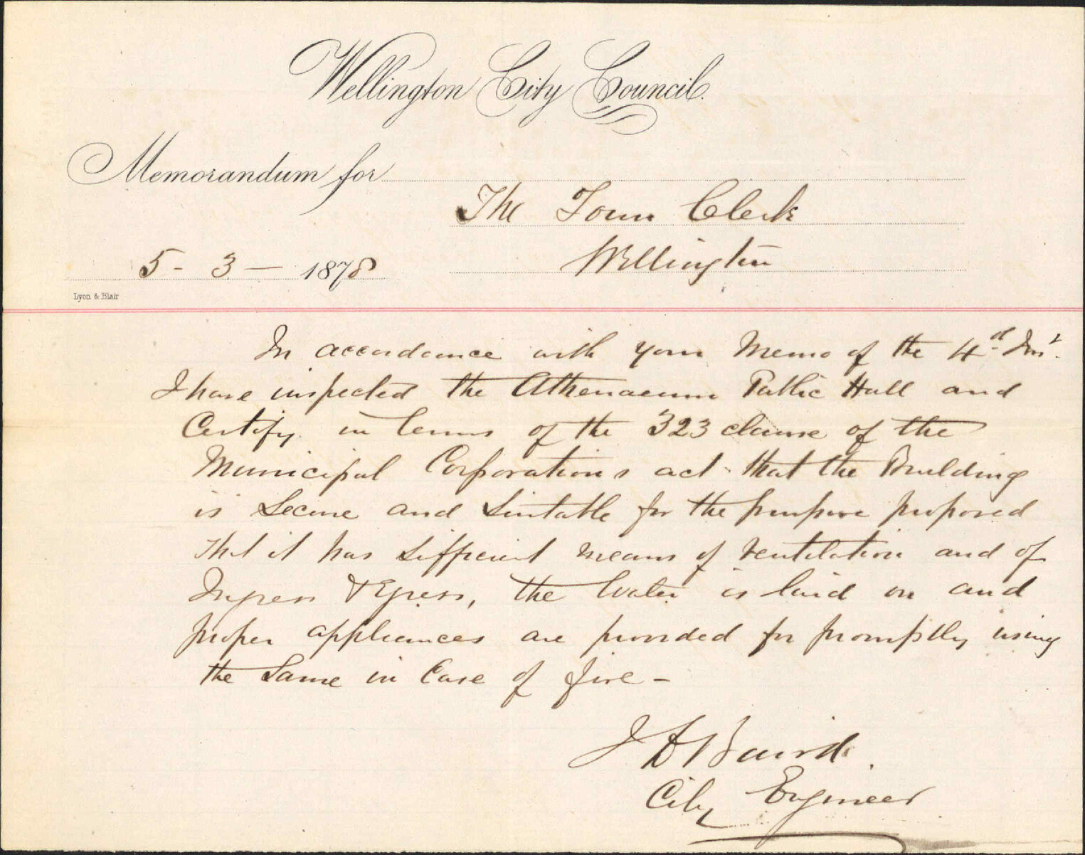 Memo to Town Clerk re inspection of Athenaeum Public Hall - J Baird, City Engineer