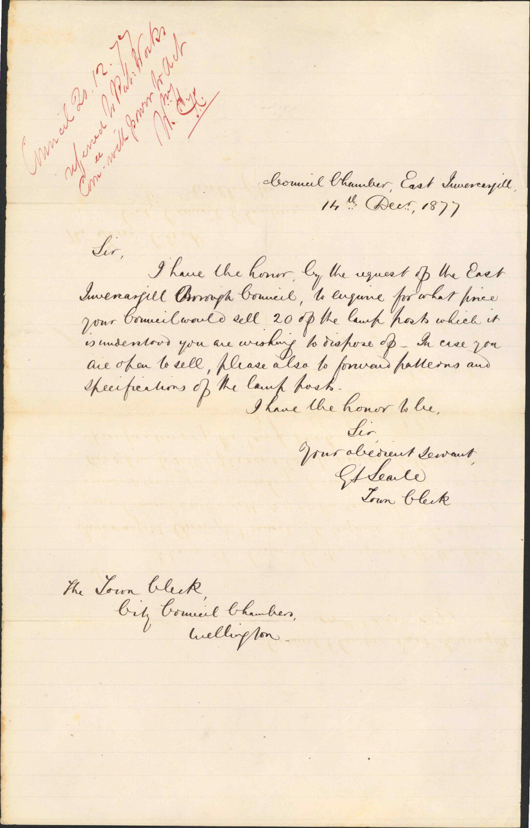 Re price of lamp posts Wellington City Council [WCC] selling - Town Clerk, East Invercargill