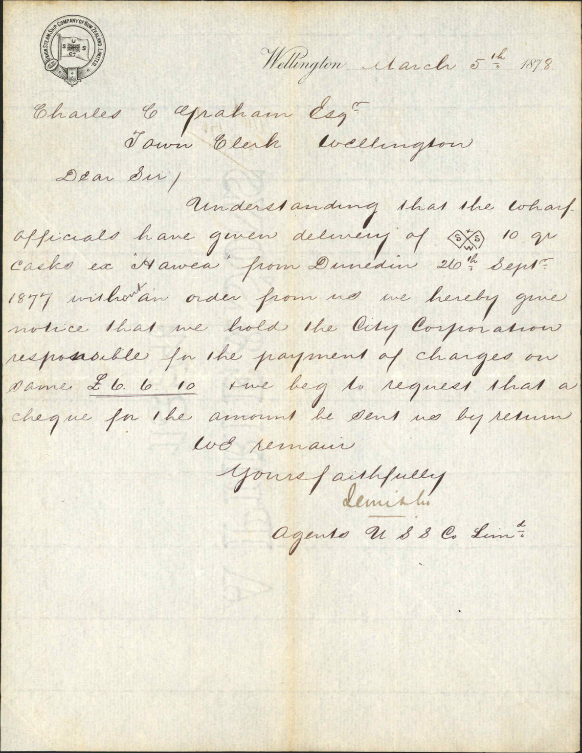 Re charges for delivery ex Hawea from Dunedin 36/9/1877 - Agents Union Steam Ship Co [USSCo] Ltd