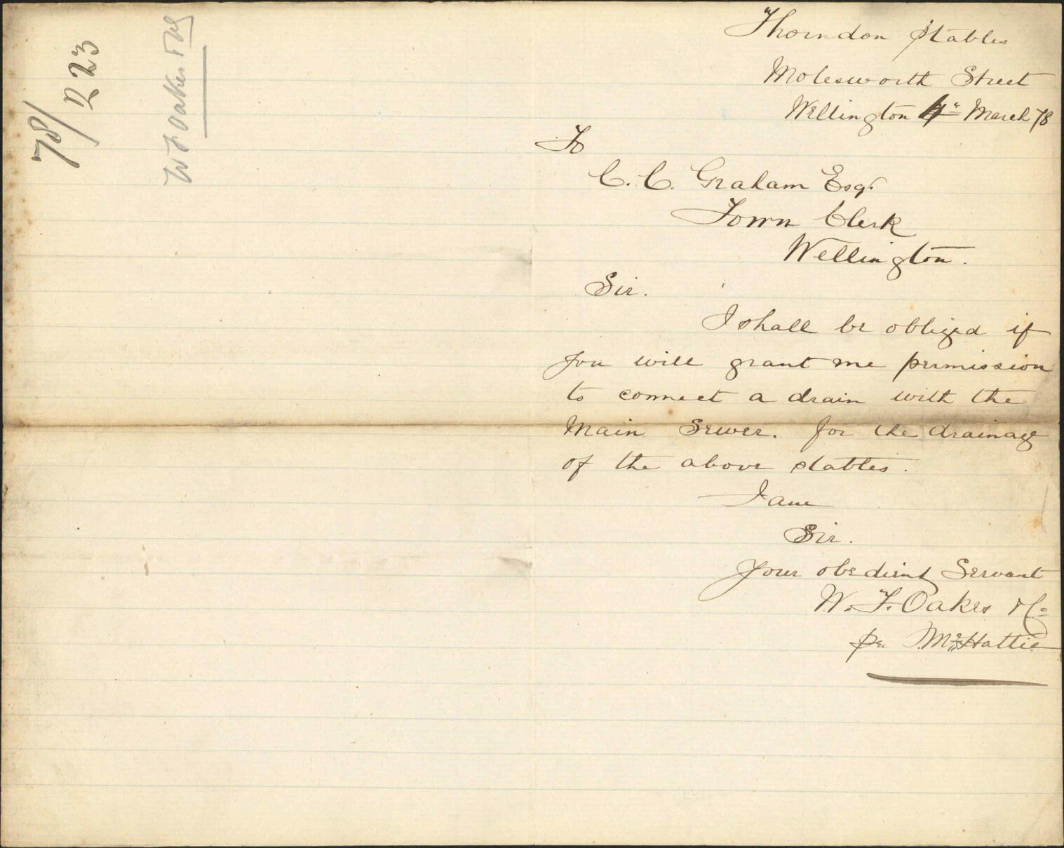 Re asking permission to connect drain to main sewer to drain Thorndon stables - W J Oaker and Co