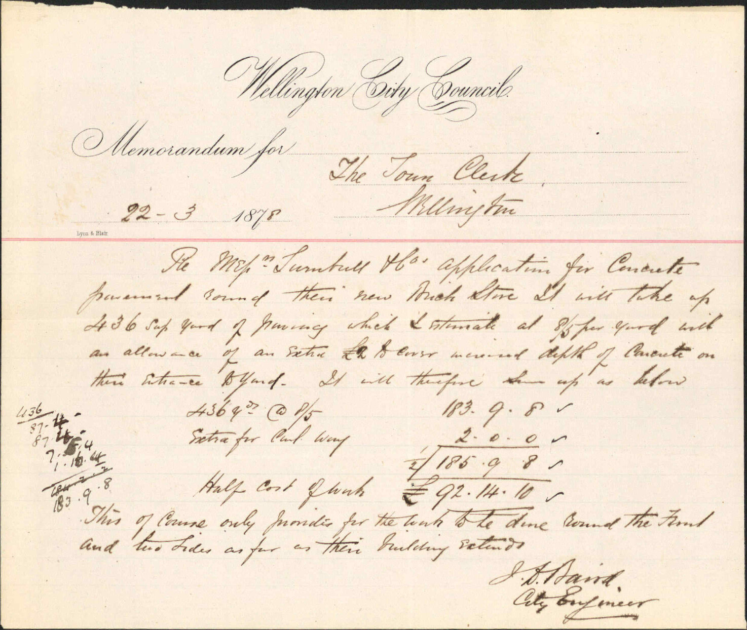 Re memo to Town Clerk re Messrs Turnbull and Co's application for concrete pavement round their new store- J Baird, City Engineer