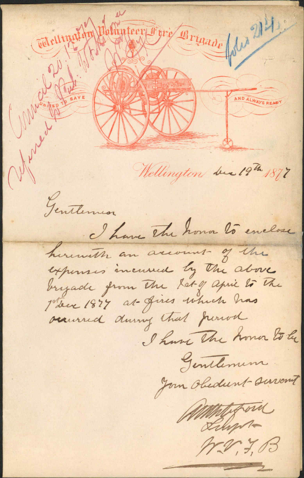 Wellington Volunteer Fire Brigade forwarding account of expenses incurred, 1/4 to 1/12/1877
