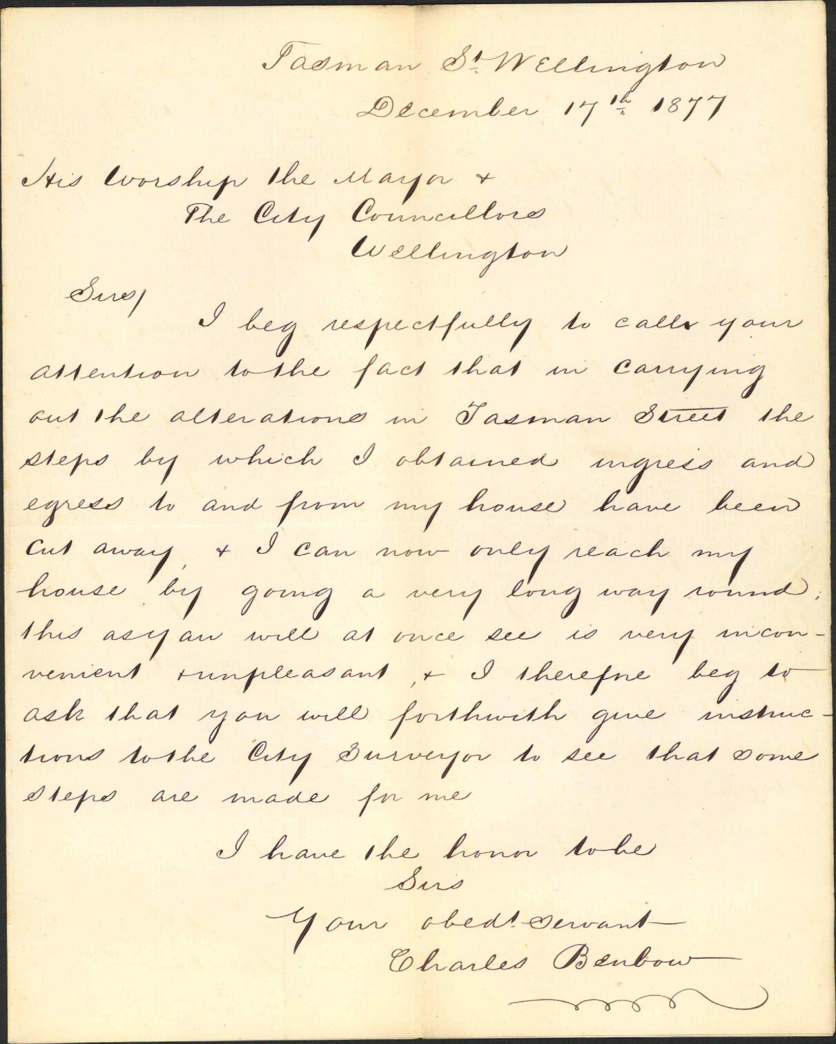 Re steps to house in Tasman Street following alterations [streetworks] - Charles Benbow