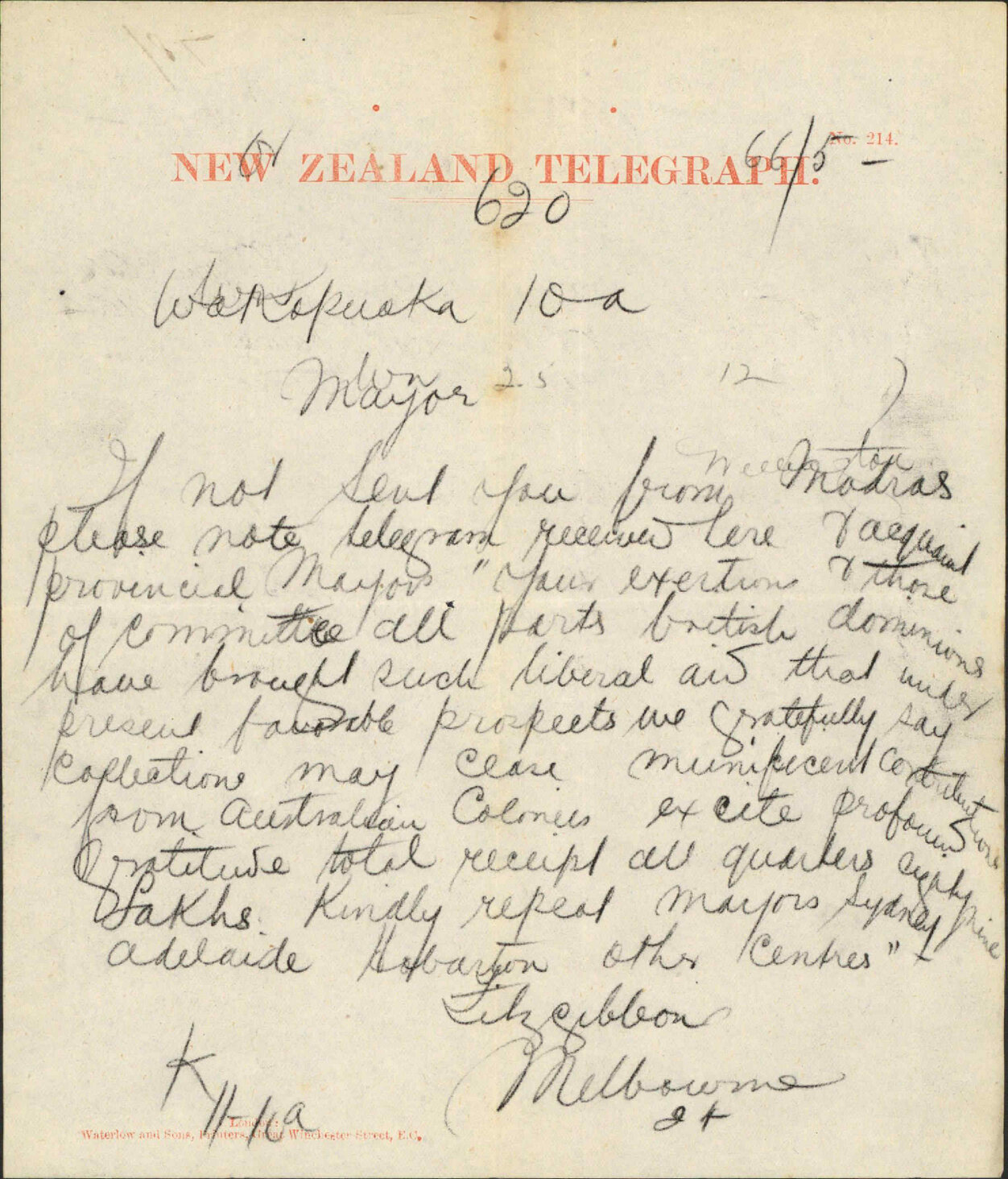 Re municipal contributions from colonies for Indian famine [?] - Fitzgibbon