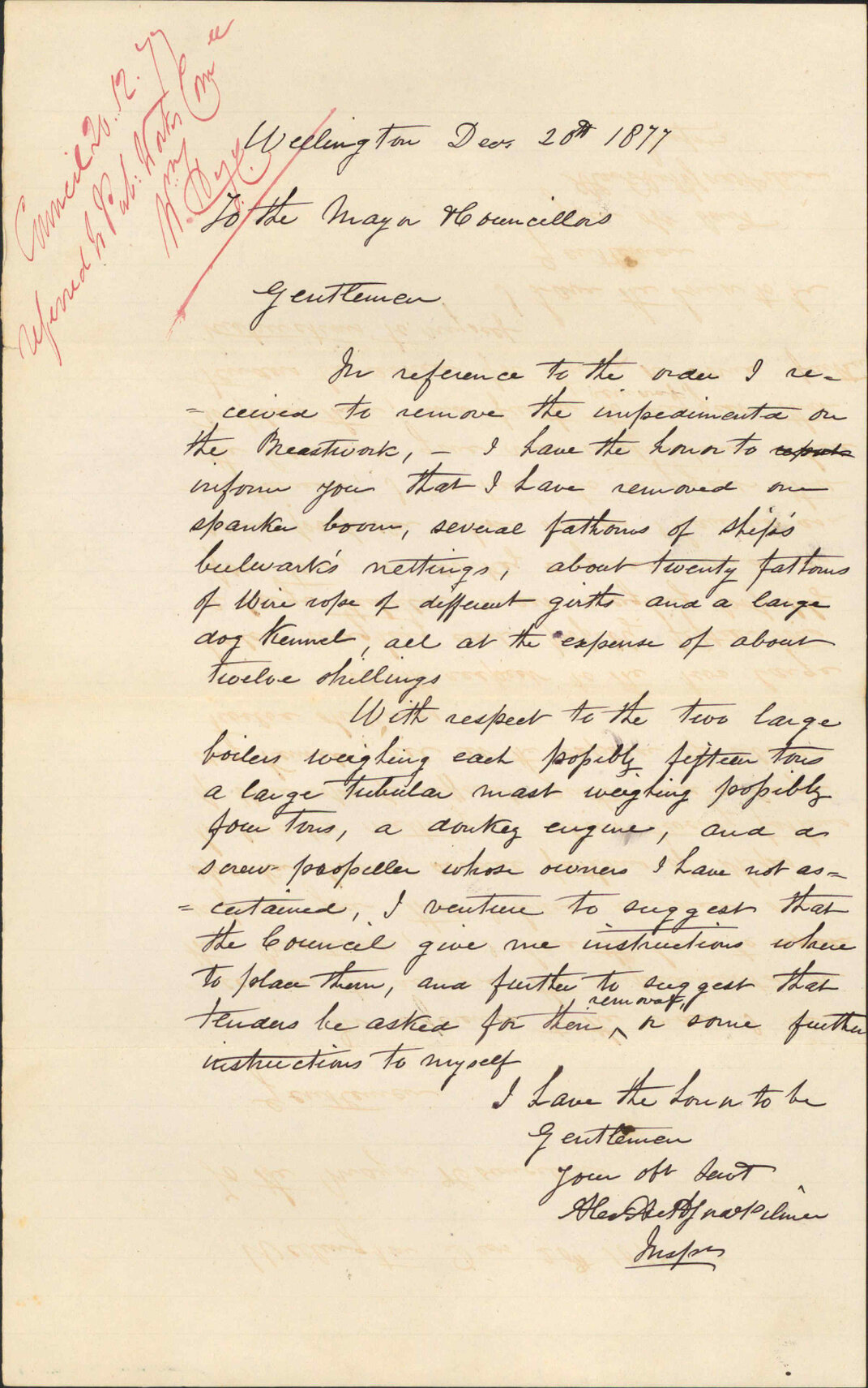 Re removal of impediments in breastwork - Inspector of Nuisances