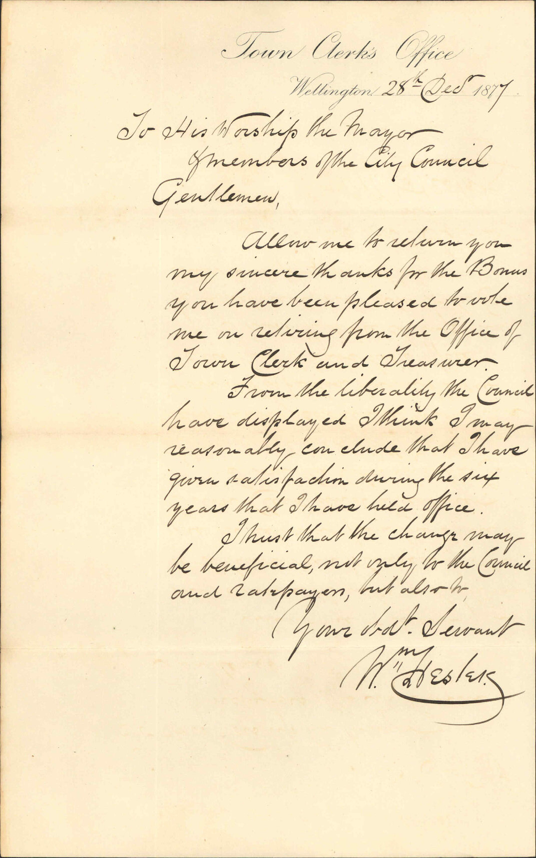 Re retiring from Town Clerks office, thanking Council for bonus received for service - William Lester