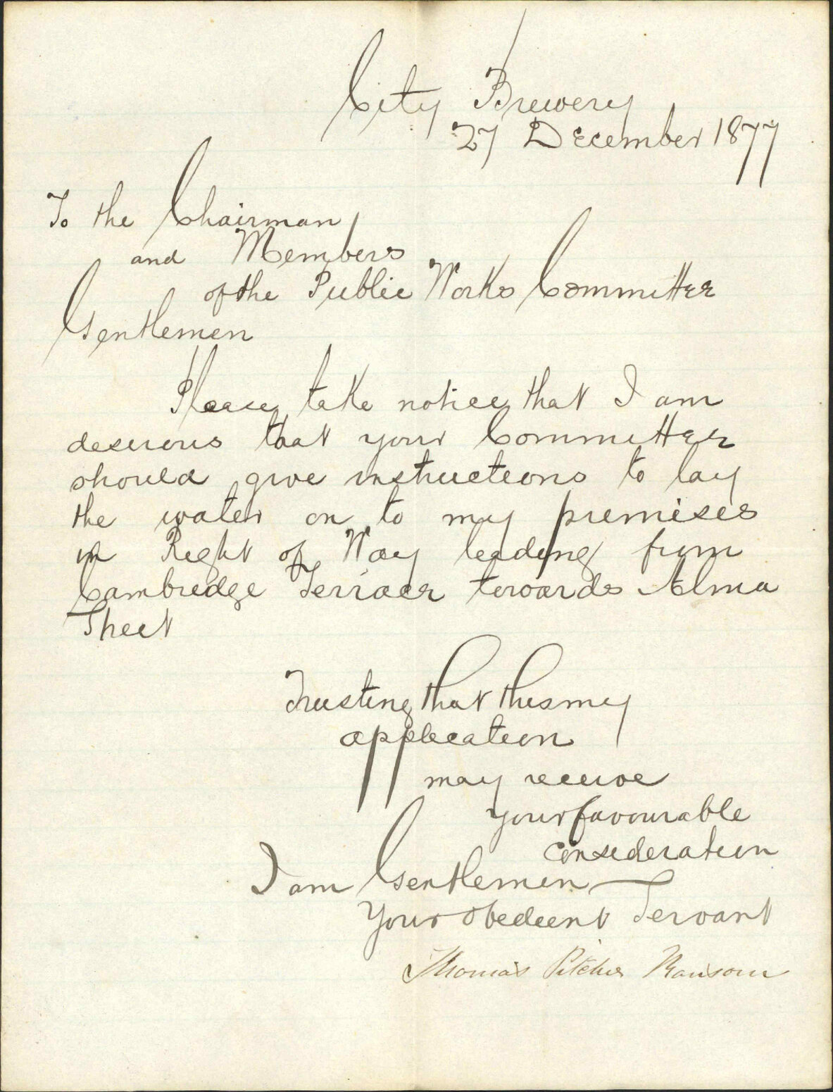 Re lay water to premises in right of way leading from Cambridge Terrace to Alma Street - Thomas P. Ransan