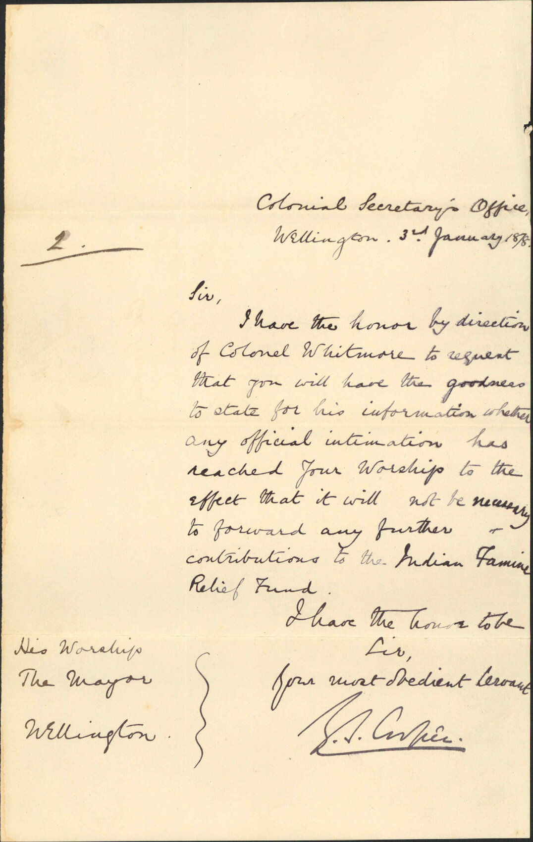 Re Indian famine relief fund contributions - Colonial Secretary